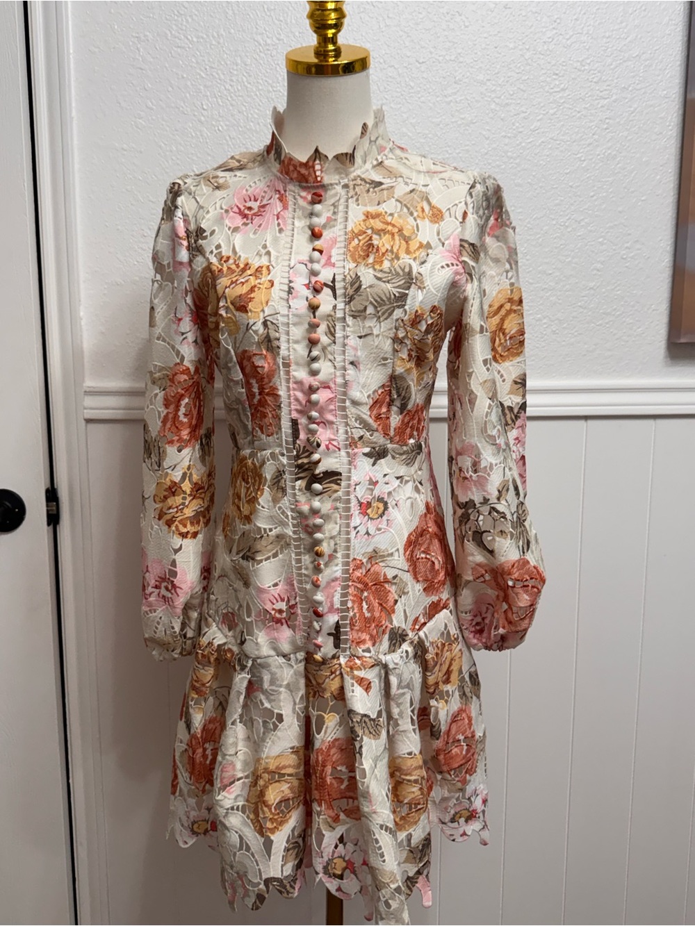 Lace Floral Long-Sleeve Dress in Cream with Pink & Rust Blooms